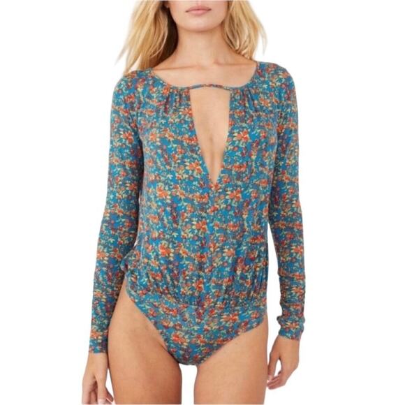 Intimately Free People Bodysuit Kaya Blue Floral Thong Large - Picture 1 of 11